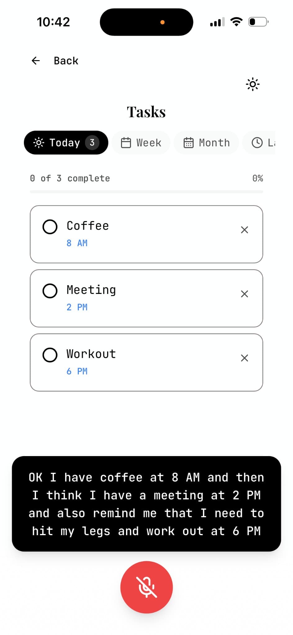 Xyra organizing a voice brain dump into structured tasks