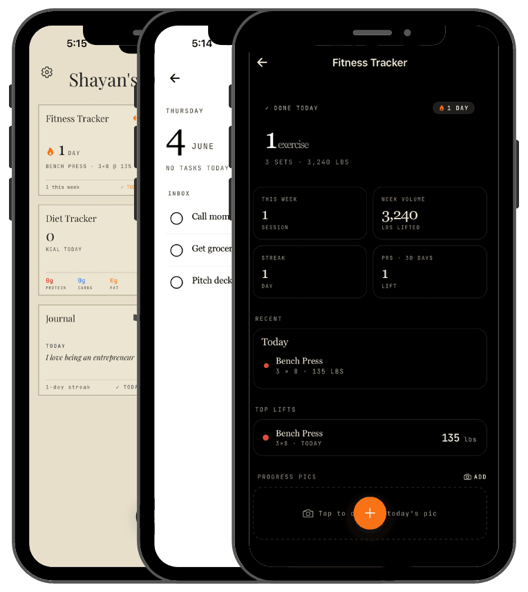 Xyra running across a dashboard, tasks, and a fitness tracker